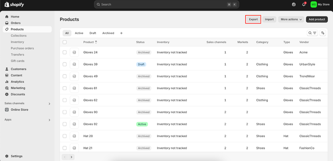 a screenshot of shopify dashboard, showing different products, and the word export are in a red rectangle