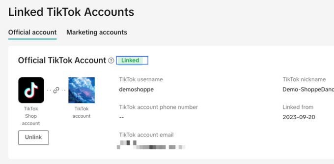 Account linked Screenshot showing the tiktok account is linked to the tiktok shop
