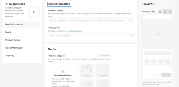 Add basic info Screenshot showing to add product details such as media
