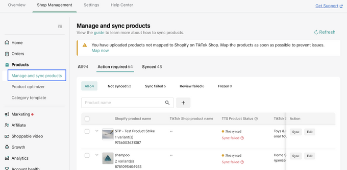 Configure Product Sync Setting Screenshot of tiktok shop showing to choose the products you want to sync