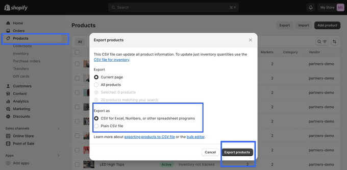 Export Files Screenshot of Shopify admin page to export files such as CSV format, to ensure inventory syncronization