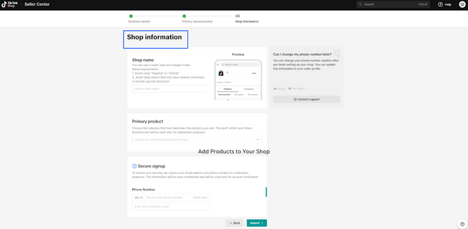 Fill out shop details a screenshot of TikTok setup page to fill in shop details
