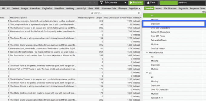 Identify Duplicate Meta Descriptions With a Site Audit Too a screenshot of screaming frog webpage, with bue block around the word duplicate