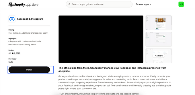 Install App Screenshot of Shopify store to install FB & IG