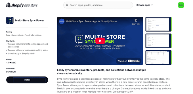 Install Multi-Store Sync Power Screenshop of shopify app store to install multi sync power app