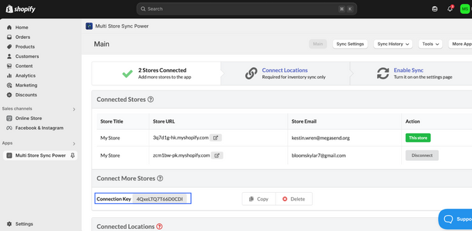 Connect Your Stores with Unique Keys Screenshot of shopify admin page showing to paste the keys