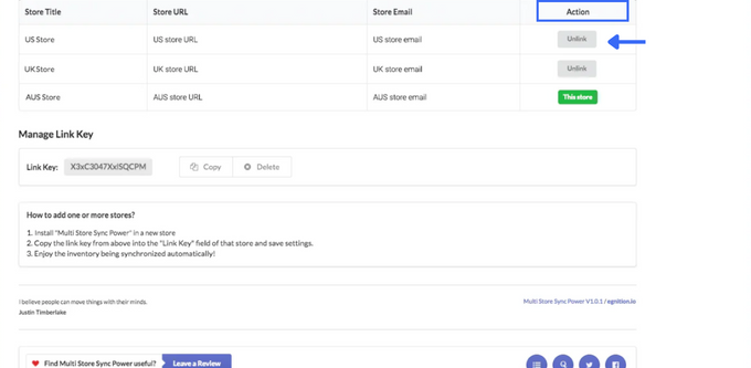 Link and unlink multiple stores Screenshot to link and unlink multiple stores for effective inventory syncronization