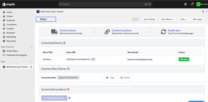 Connect Your Stores with Unique Keys Screenshot of shopify admin page showing to navigate to main account