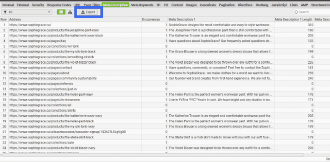 Use a spreadsheet a screenshot data on screaming frog webpage, with blue block around "export"