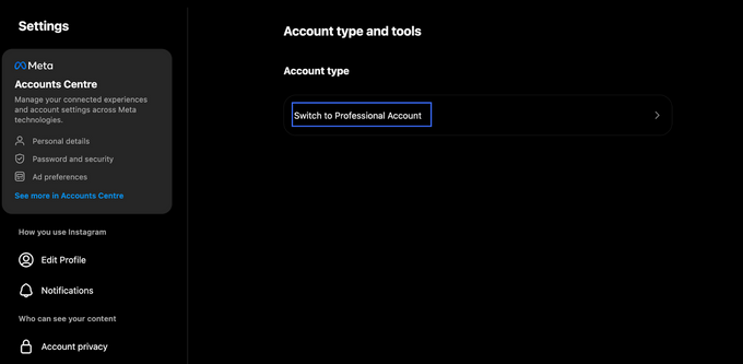 Professional Account a screenshot of IG page to show to switch to Pro account