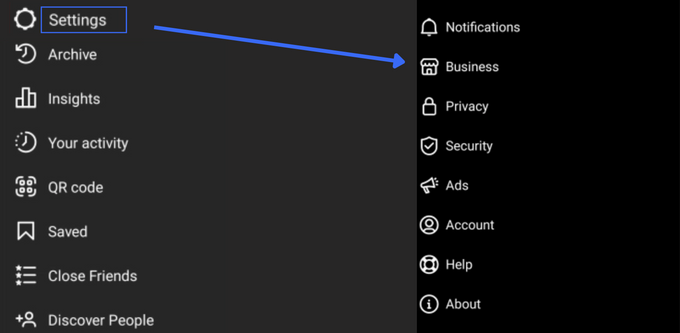 Business Settings Blue arrow pointing to business