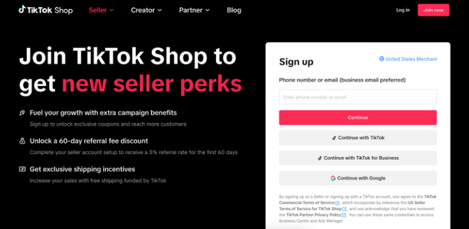 Sign up for TikTok Shop Image showing how to sign up for a tiktok shop, choosing between Google or TikTok