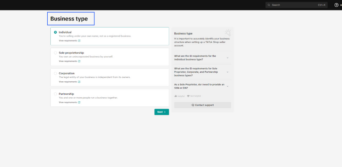 Sign Up for Tiktok Shop Screenshot showing to choose between individual and business type