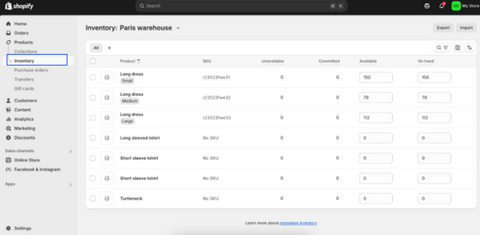 Automating Product Stock Syncing for Efficiency 1 a screenshot of Shopify webpage, showing to click on inventory