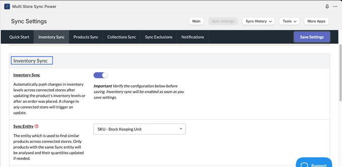 Choose What to Sync Across Stores Screenshot of webpage showing to switch inventory sync on