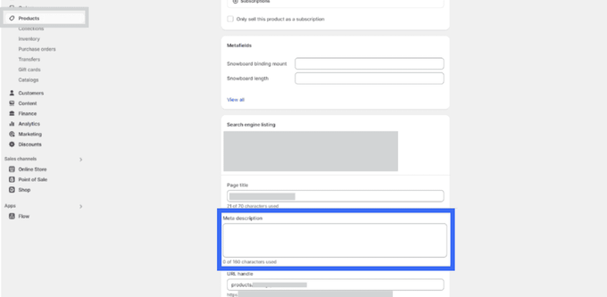Update Each Page in Shopify a screenshot with a blue block around the word meta description