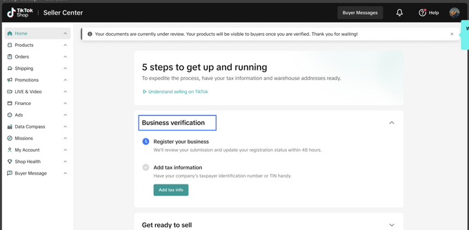 Verify Your Shop Information Screenshot showing to upload tax docs