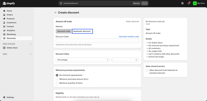 Automatic Discounts a screenshot showing to choose automatic discount