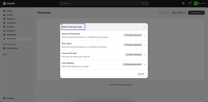 Initiate new discount Screenshot of Shopify page, showing to select discount type