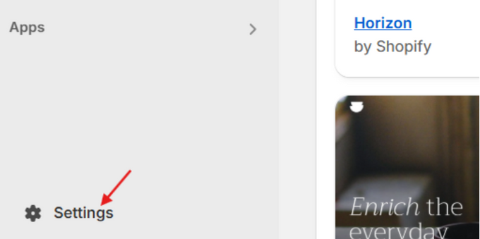 Bot Protection Screenshot of Shopify Admin dashboard, with red arrow pointing to Settings
