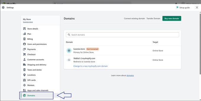 Screenshot of accessing your listed Shopify domains as part of cancelling your Shopify domain