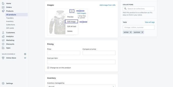 Opening the image editor on Shopify