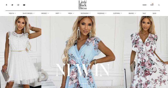 Screenshot of Little Black Dress's homepage as an example of an online store using Shopify's Vogue fashion theme