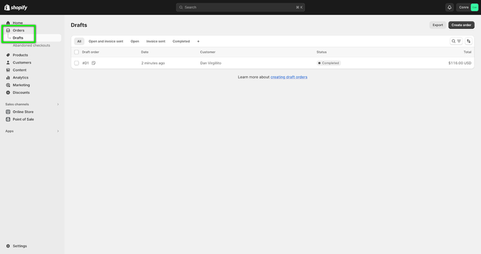A screenshot of a Shopify admin showing how to manage custom orders