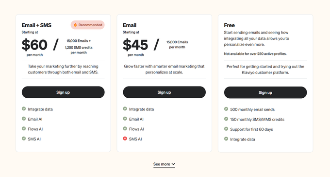 Klaviyo Pricing Screenshot of klaviyo pricing