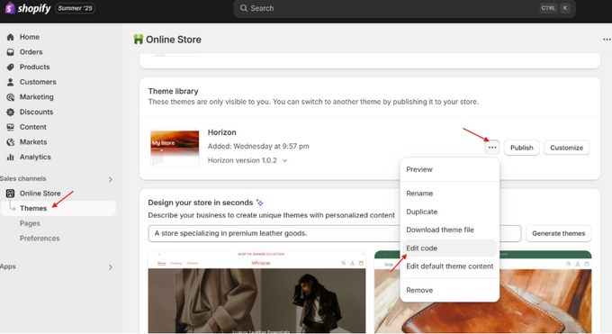 checkpoint.liquid Screenshot of Shopify Admin Page, arrows pointing to Themes and Edit code