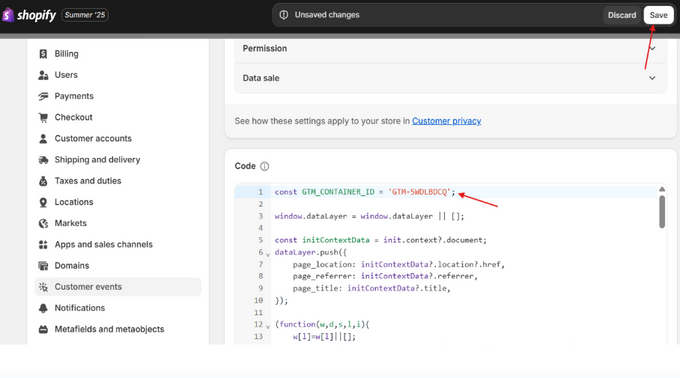 Insert Code Screenshot with arrow pointing to Save