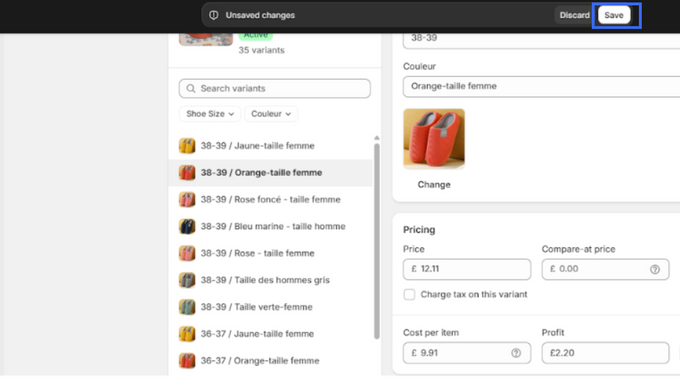 Click Save Screenshot of Shopify page, with blue block around the word "save"