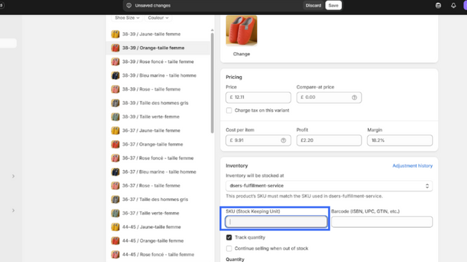 Select variant to add SKU Screenshot of product variant page on Shopify with blue block around SKU