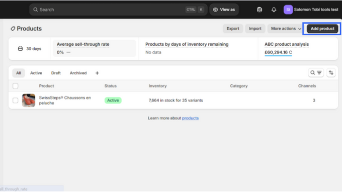 Log in and Navigate to Products Screenshot of Shopify's admin page, with blue block around "add products"