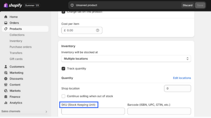Product with different variants Blue block around SKU