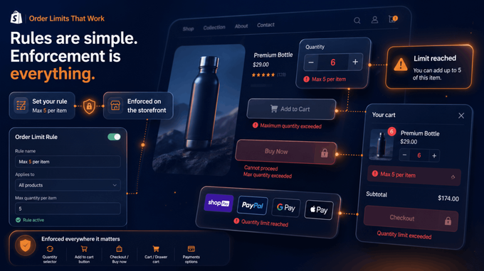 Order Limits That Work CommetIQ Order Limits enforcing a max-5-per-item rule across all Shopify storefront touchpoints.