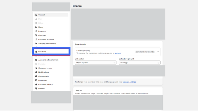 Select Locations from the settings menu. Screenshot of shopify webpage to select locations