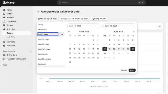 Choose date range Screenshot of shopify admin page, with blue block around "last 7 days"