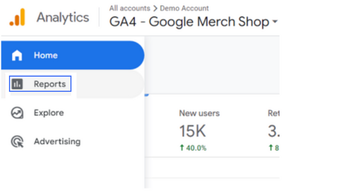 Google Analytics Report a screenshot of Google analytics dashboard with blue block around reports
