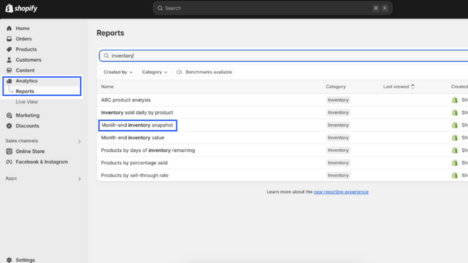 Identify Your Starting Inventory Screenshot of Shopify admin page with blue blocks around analytics and month end snapshot