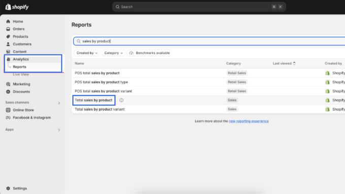 Track Units Sold Screenshot of shopify admin page with blue blocks around analytics and total sales by product