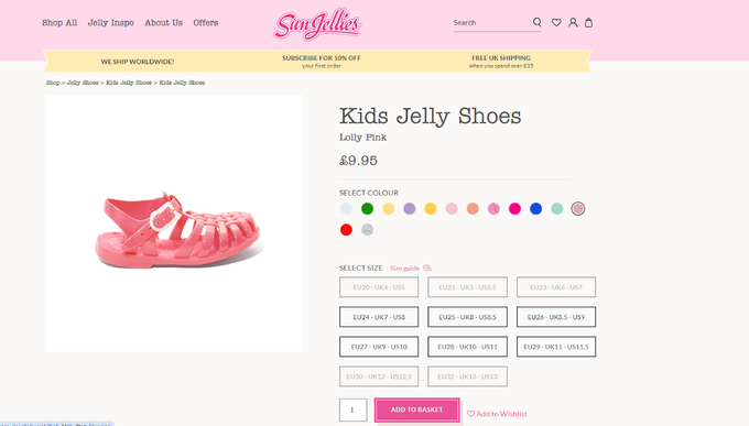 a website page with a picture of a pair of pink shoes, only one image