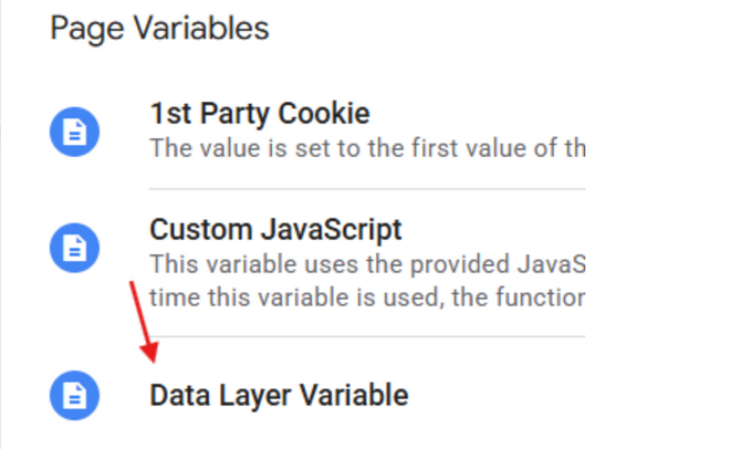 Data Layer Variable a screenshot of a page showing to click on Data Layer Variable