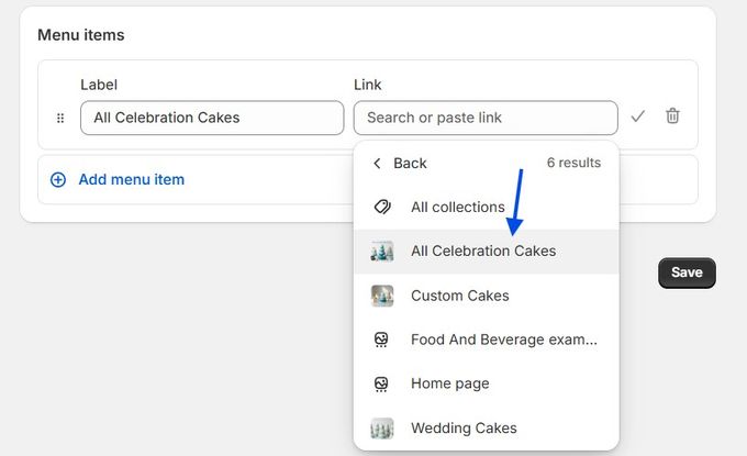 a screenshot of a menu page with a link highlighted