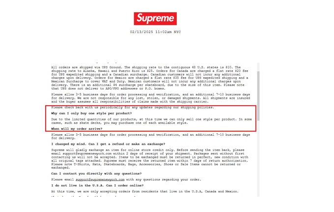 Supreme screenshot of supreme FAQ section, red block around the "Why can I only buy one style per product"