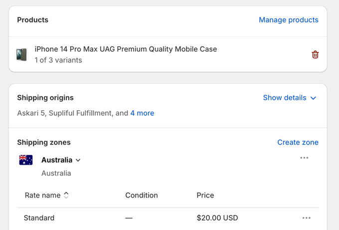 Screenshot of the Shopify admin showing how to set custom shipping for product variants