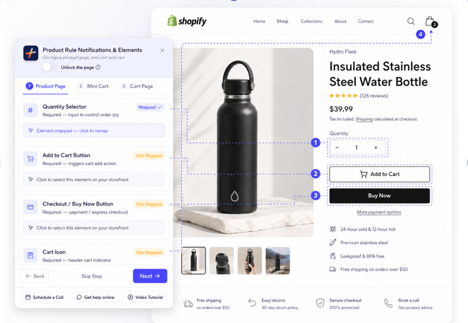 Storefront Display Setup Commetiq's Storefront Display Setup panel mapping quantity selector, Add to Cart, Buy Now, and cart icon elements on a live Shopify product page.