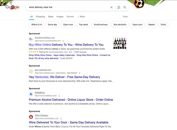 a screen shot of a google search for wine