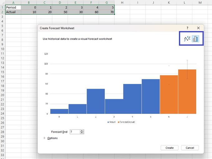 Screenshot of choosing a chart type while conducting inventory forecasting in Microsoft Excel