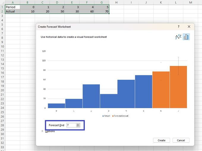 Screenshot of setting an end period for inventory forecasting in Microsoft Excel